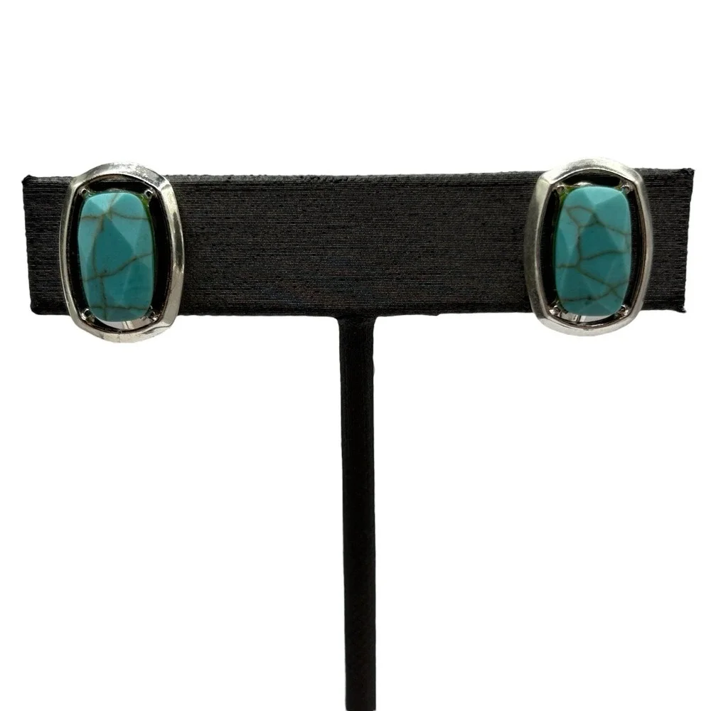 Faux Turquoise Clip On Earrings Silver‎ Tone Vintage TJG The Jewelry Group Open
